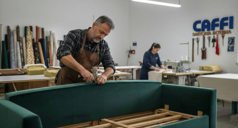 Servizio professionale di rifacimento e rivestimento divani e poltrone. Artigiano tappezziere al lavoro nel laboratorio Caffi per il rifacimento e il nuovo rivestimento di un divano sartoriale. - Caffi