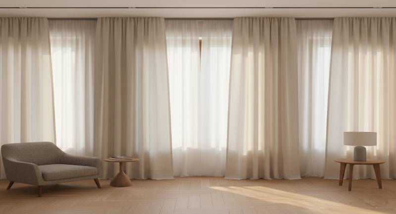 Installazione di tende su misura in lino e tendaggi tecnici realizzati artigianalmente dalla sartoria Caffi - Caffi